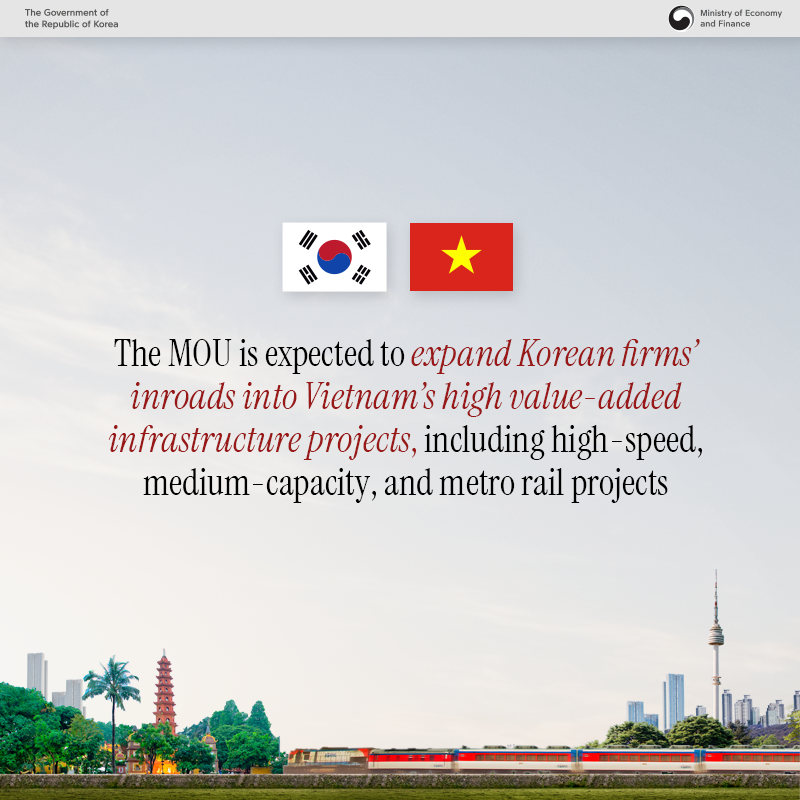 The MOU is expected to expand Korean firms' inroads into Vietnams high value-added infrastructure projects, including high-speed, medium-capacity, and metro rail projects